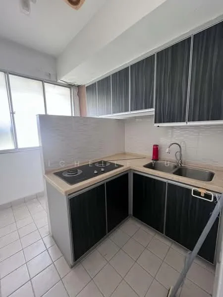 Kitchen features: black laminate cabinetry, light-colored countertop, stainless-steel sink, chrome faucet, built-in cooktop with 4 burners, white tiled backsplash, white tiled flooring, large window for natural light; style: modern.