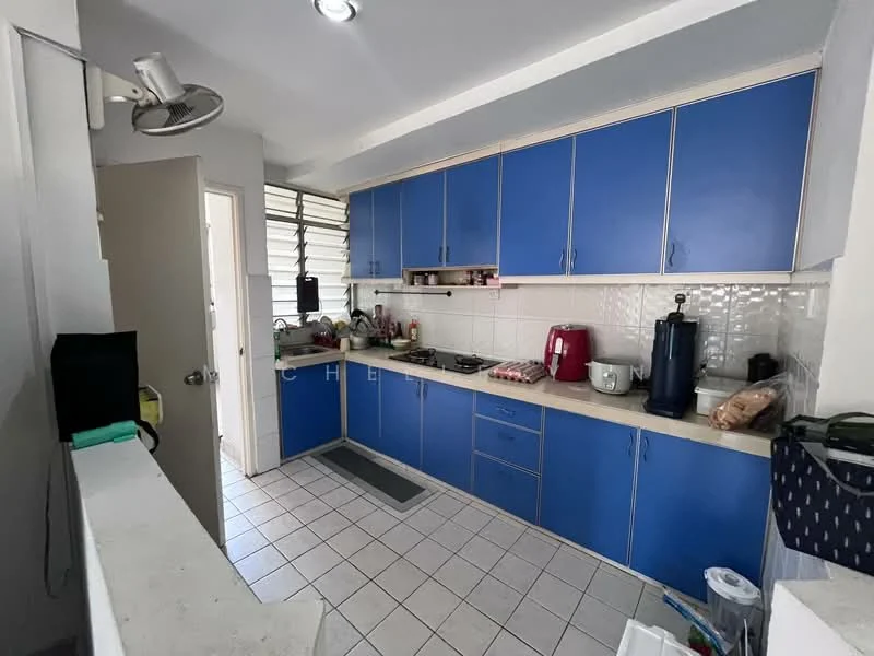 Kitchen features: blue cabinetry, white tiled backsplash, grey countertop, stainless-steel sink, chrome pull-down faucet, built-in gas stove, microwave, red kettle, black water dispenser, white tiled flooring, exhaust fan, window with blinds; style: modern.