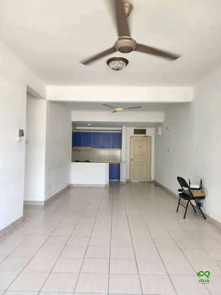 Living features: white painted walls, ceramic tile flooring, 5-blade ceiling fan, recessed downlights, open layout, kitchen area visible in background, doorway leading to other rooms, single chair.