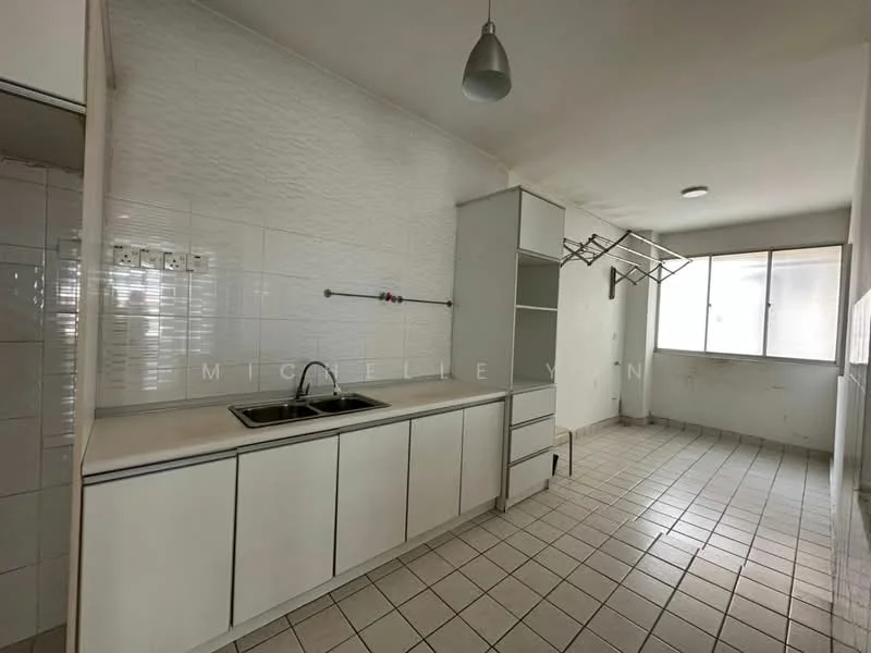 Kitchen features: white cabinetry, single-bowl stainless-steel sink, chrome faucet, white tiled backsplash, ceramic tile flooring, wall-mounted shelving, window with natural light, hanging light fixture, open layout; style: modern.