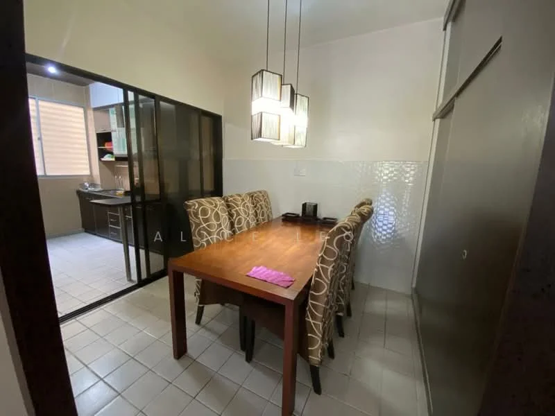 Dining features: wood dining table, 4 upholstered dining chairs with patterned fabric, pendant lighting with multiple bulbs, white tiled flooring, white painted walls, glass partition separating kitchen, kitchen visible in background, window with blinds; style: modern.