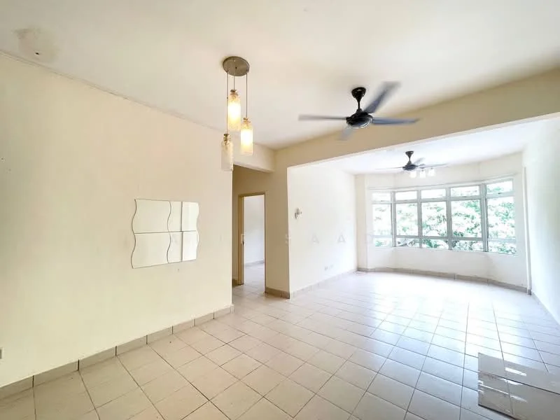 Living features: white painted walls, tile flooring, 5-blade ceiling fan, 3 pendant lights, large windows, natural light, open layout, corner view; style: modern; view: garden.
