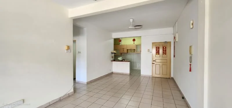 Living features: white painted walls, tile flooring, ceiling fan, door with panel design, open layout to kitchen, light switches, wall-mounted intercom, decorative wall hangings. Kitchen features: wood cabinetry, green tiled backsplash, countertop with space for appliances, stove, sink, open layout to living area.