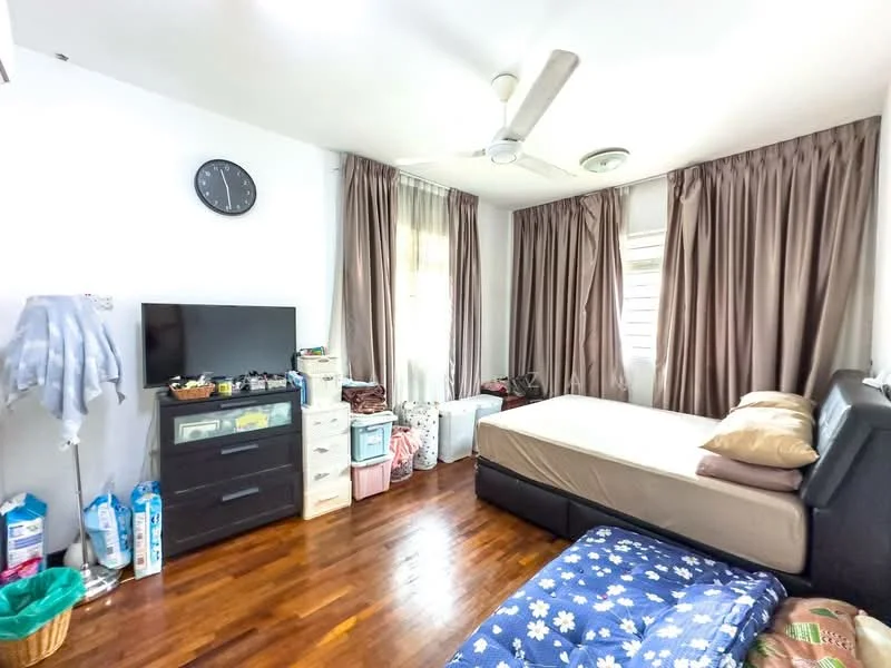 Bedroom features: queen-size bed, upholstered headboard, 2 bedside pillows, wooden flooring, wall-mounted TV, black dresser, white storage cabinet, ceiling fan, curtains in brown, clock on wall, decorative wall, area rug with blue pattern; style: modern.