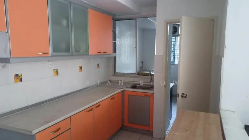 Kitchen features: orange and grey cabinetry, granite countertop, single-bowl stainless-steel sink, chrome pull-down faucet, tile backsplash, window with view to outside, built-in oven, stainless-steel range hood, ceramic tile flooring, light-colored walls, wooden countertop, open layout; style: modern.
