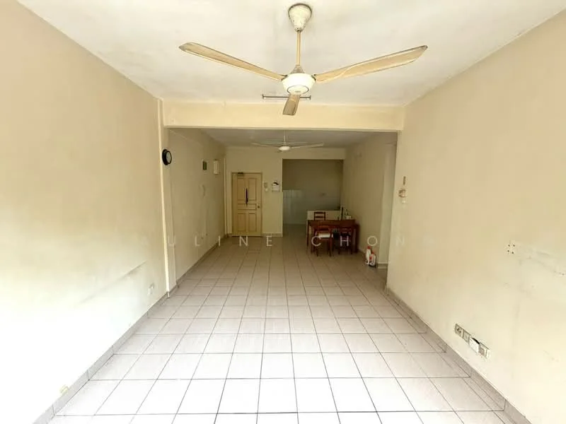 Living features: cream painted walls, tile flooring, 5-blade ceiling fan, wall-mounted light switch, dining table with chairs, open layout, window with natural light, no visible decor.