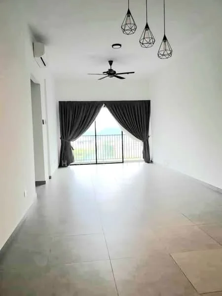 Living features: large sliding glass door, floor-to-ceiling windows, grey curtains, 5-blade ceiling fan with light, recessed downlights, light grey tiled flooring, white painted walls, balcony view; style: modern; view: garden.