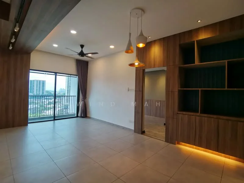 Living features: floor-to-ceiling windows, sliding glass door, 5-blade ceiling fan with light, wood paneling on walls, recessed lighting, tile flooring, built-in shelving unit, neutral wall color, curtains, open layout, city view; style: modern; view: city.