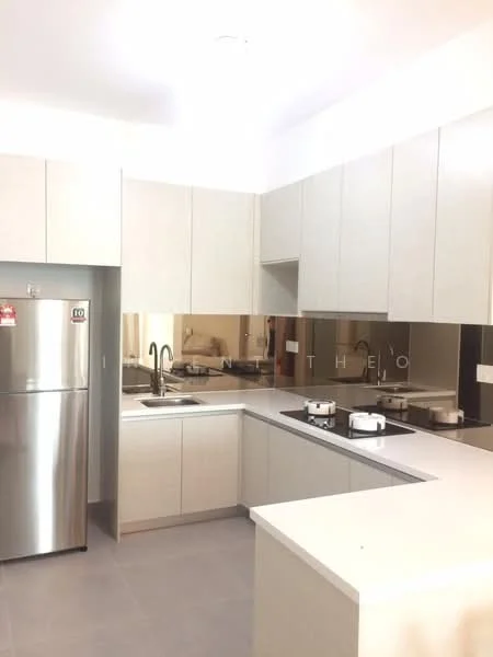 Kitchen features: white cabinetry with flat-panel doors, stainless-steel fridge, single-bowl stainless-steel sink, chrome pull-down faucet, black countertop, mirror backsplash, built-in stove, 2 cooking pots on stove, grey tile flooring, recessed lighting, wall-mounted cabinets, open shelving; style: modern.