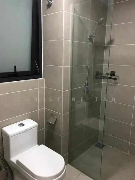 Bathroom features: one-piece toilet, walk-in shower with glass enclosure, chrome handheld shower, wall-mounted showerhead, tile cladding on walls, neutral-colored tiles, glass shower door, built-in shower shelf; style: modern.