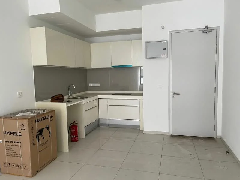 Kitchen features: white cabinetry, grey countertop, stainless-steel sink, chrome pull-down faucet, built-in oven, stainless-steel range hood, 4-burner gas hob, ceramic tile flooring, fire extinguisher, box for appliances, wall-mounted electrical panel; style: modern.