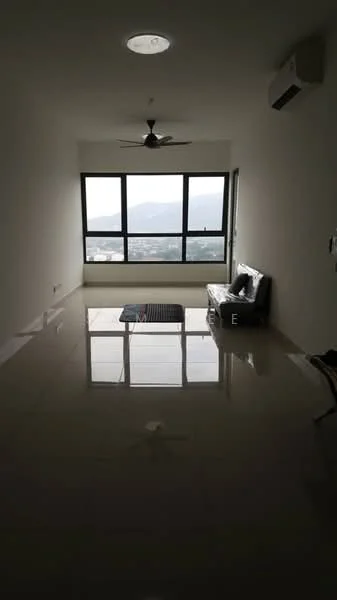 Living features: large floor-to-ceiling windows, city view, white painted walls, polished ceramic tile flooring, 5-blade ceiling fan, wall-mounted split AC, sofa, coffee table, area rug, recessed ceiling light; style: modern; view: city.