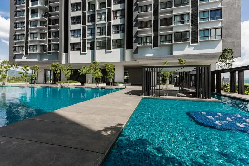 Exterior type: high-rise condominium; features: infinity pool, pool deck with loungers, landscaped garden area, concrete walkway, glass railing, modern architectural design, large windows, outdoor seating area, surrounding greenery; style: modern.