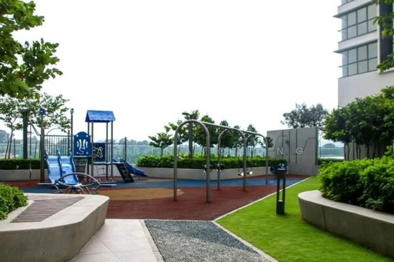 Exterior type: landscape garden; features: children's playground with slide, swing set, manicured lawn, tropical landscaping, stone-paved walkway, seating area with benches, playground safety surface, surrounding greenery; style: modern.
