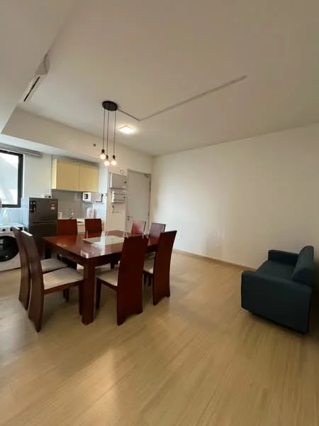 Dining features: dining table with 8 chairs, wooden dining table, light fixture with multiple bulbs, laminate flooring, white painted walls, floor-to-ceiling window, refrigerator, built-in kitchen cabinets, washing machine, sofa in blue fabric; style: modern.