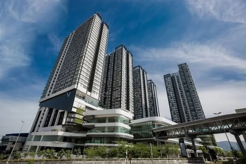 Exterior type: high-rise condominium; features: glass curtain wall, white painted facade, recessed balconies, multiple storeys, modern architectural design, surrounded by greenery, elevated walkway, large windows, outdoor landscaping, parking area, urban context; style: modern.