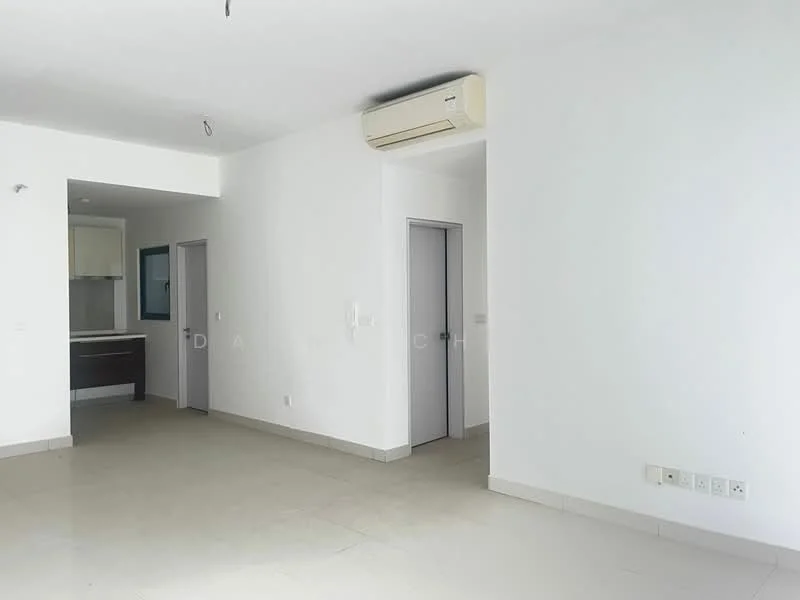 Room features: white painted walls, tile flooring, 1 wall-mounted split AC, recessed ceiling lights, door to adjacent room, door to kitchen area, neutral color scheme, open layout; style: modern.