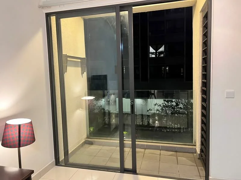Room features: sliding glass door, floor-to-ceiling windows, grey tiled flooring, balcony with glass railing, outdoor plants, indirect lighting, white painted walls; style: modern; view: garden.