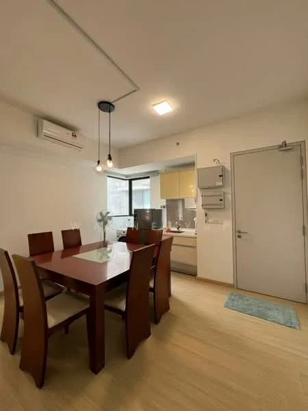 Dining features: 6-seater dining table, wooden dining chairs, recessed ceiling lights, wall-mounted air conditioning unit, light wood flooring, large window with natural light, decorative wall-mounted fan, neutral painted walls; style: modern. Kitchen features: kitchen cabinets in light color, stainless-steel appliances, countertop with space for food preparation, sink, built-in oven, refrigerator, open layout to dining area; style: modern.