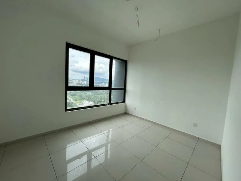 Room features: white painted walls, floor-to-ceiling windows, grey tiled flooring, city view, no visible furniture, minimal decor, single ceiling light fixture; style: modern; view: city.