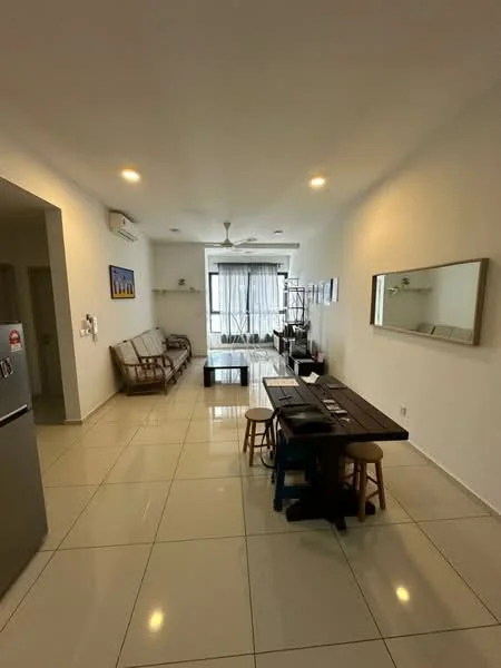 Living features: white painted walls, glossy ceramic tile flooring, recessed downlights, 5-blade ceiling fan, large window with sheer curtains, mirror on wall, wooden dining table, 3 wooden stools, sofa with fabric upholstery, decorative wall art, open shelving unit, air conditioning unit; style: modern; view: city.