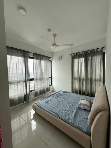 Bedroom features: queen-size bed, light blue bedspread, floor-to-ceiling windows, grey sheer curtains, white walls, glossy tile flooring, ceiling fan with light, wall clock, decorative pillow; style: modern; view: city.