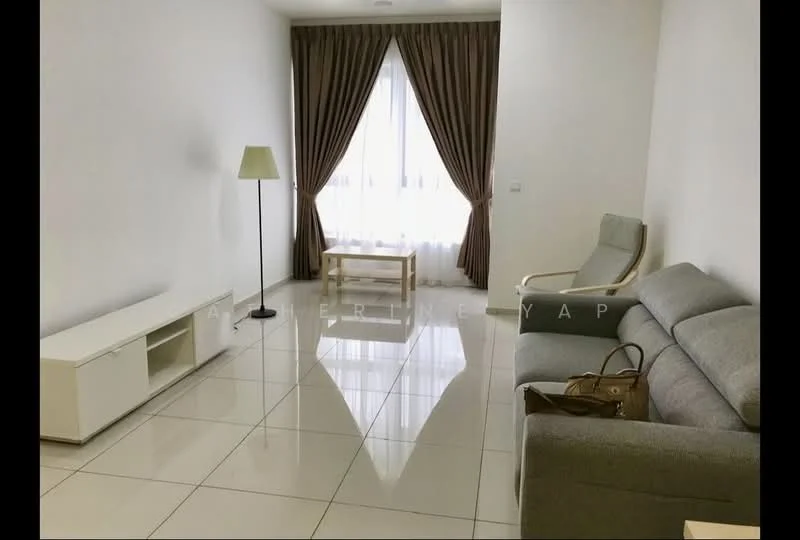Living features: white painted walls, glossy tile flooring, floor-to-ceiling windows, sheer curtains, brown curtain drapes, 3-seater fabric sofa in grey, 2-seater fabric sofa in beige, wooden coffee table, white TV console, floor lamp, decorative handbag on sofa; style: modern.