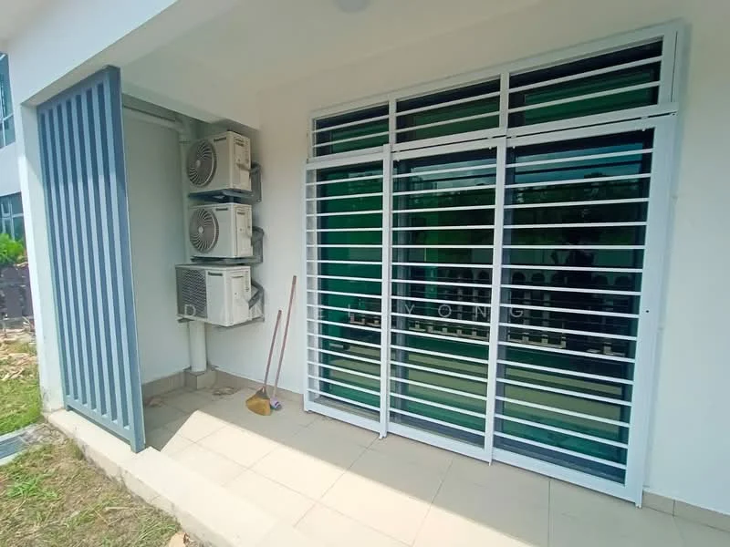 Exterior features: sliding glass door, security grille, 3 wall-mounted split AC units, tiled flooring, concrete wall, greenery visible in background; style: modern.