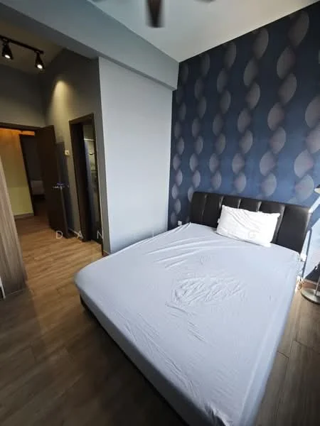 Bedroom features: queen-size bed, upholstered headboard, blue patterned accent wall, wooden flooring, recessed downlights, built-in wardrobe, floor-to-ceiling window, sheer curtains; style: modern.