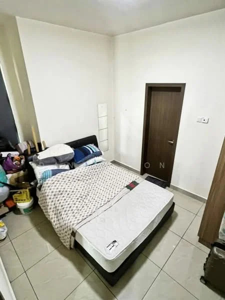 Bedroom features: queen-size bed, white bedding, decorative pillows, light grey walls, tiled flooring, wooden door, small bedside table, clothes storage, various items in the corner.