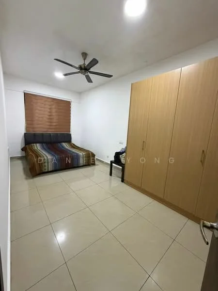 Bedroom features: queen-size bed with upholstered headboard, 2 bedside lamps, built-in wardrobe with wooden finish, tile flooring, white painted walls, ceiling fan, window with wooden blinds, chair; style: modern.