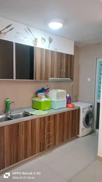 Kitchen features: brown wooden cabinetry, stainless-steel sink, chrome faucet, white countertop, built-in washing machine, green plastic storage container, purple cleaning supplies, wall-mounted utensils decor, tile flooring, light beige walls; style: modern.