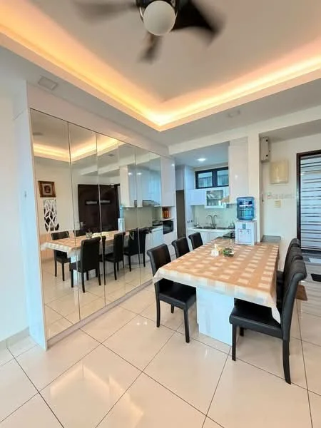 Dining features: dining table with beige tablecloth, black dining chairs, mirrored wall, recessed ceiling lights, ceiling fan with light, white tiled flooring, kitchen area visible in background, water dispenser, open layout, kitchen cabinets, kitchen countertop, window with natural light; style: modern.