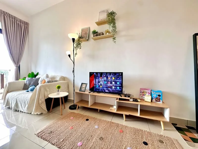 Living features: beige fabric sofa, floor lamp, TV console, wall-mounted TV, decorative wall shelves, houseplants in pots, area rug with circular pattern, ceramic decorative items, large window with sheer curtains, polished tile flooring, neutral painted walls; style: modern.