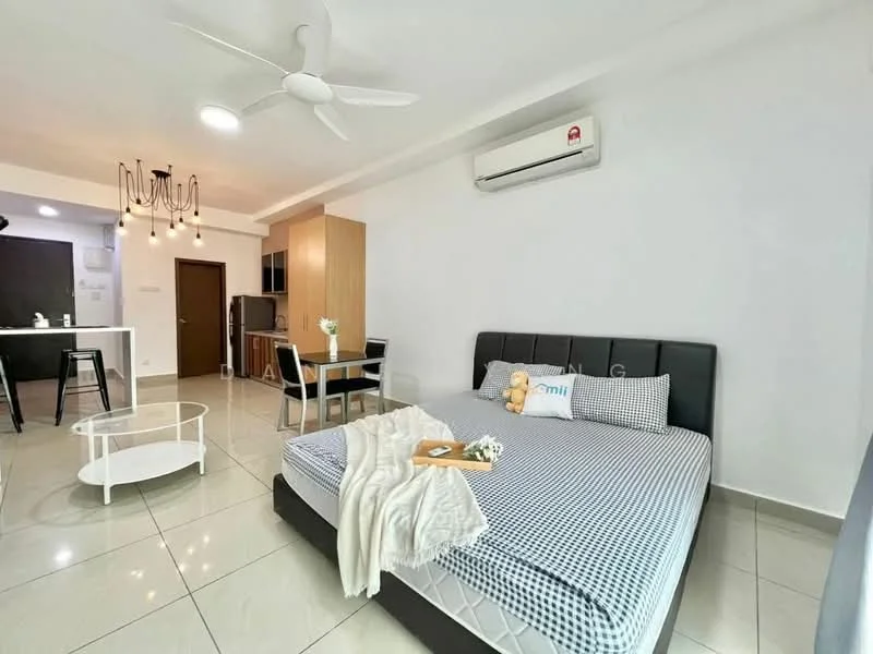 Living features: queen-size bed with black upholstered headboard, grey and white checkered bedding, white throw blanket, 2 bedside tables, decorative teddy bear, white round coffee table, wall-mounted air conditioning unit, 5-blade ceiling fan, recessed ceiling lights, tile flooring, wooden cabinetry, open kitchen area visible in background; style: modern.