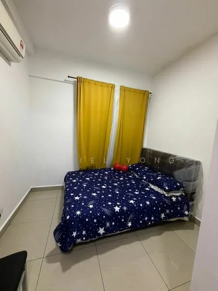 Bedroom features: queen-size bed with blue star-patterned bedding, yellow curtains, white painted walls, tile flooring, 1 wall-mounted split AC, ceiling light, black upholstered headboard, 2 red decorative pillows, single chair; style: modern.