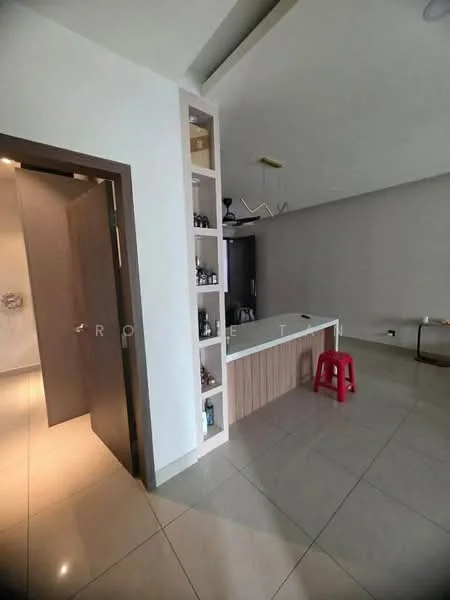 Room features: light-colored walls, sloped ceiling, ceramic tile flooring, built-in shelving unit, wooden countertop, red plastic stool, wall-mounted TV, door leading to another room; style: modern.
