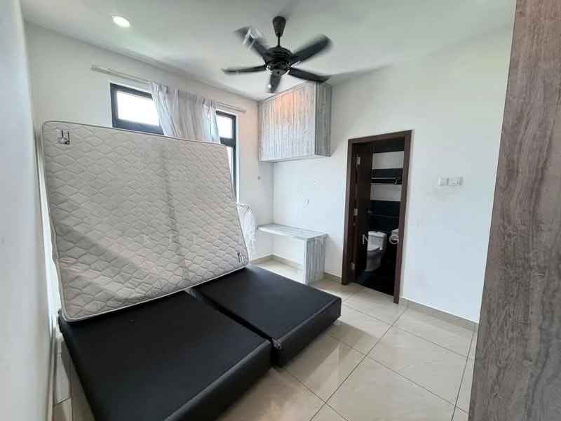 Room features: white painted walls, cream tiled flooring, ceiling fan, large window with sheer curtains, black bed frame, mattress propped against wall, built-in wardrobe, wooden door, wall-mounted shelf; style: modern.