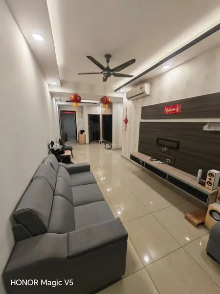 Living features: 3-seater fabric sofa in grey, coffee table, wall-mounted TV, TV console, recessed LED downlights, ceiling fan, wall-mounted air conditioning unit, glossy tile flooring, decorative wall with wood paneling, decorative lanterns, open layout, neutral wall color; style: modern.
