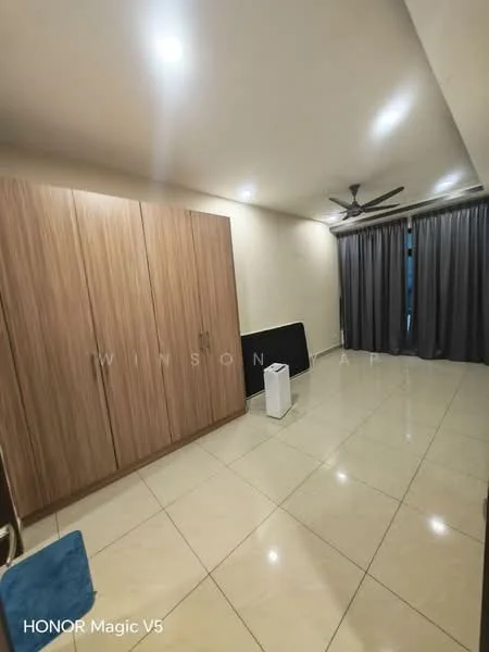 Room features: cream painted walls, glossy tile flooring, 5-blade ceiling fan with light, floor-to-ceiling windows with grey curtains, built-in wardrobe with wooden finish, white portable air purifier, black console table, recessed downlights; style: modern.