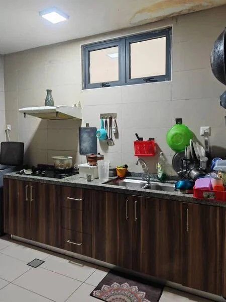 Kitchen features: granite countertop, wood cabinetry, single-bowl stainless-steel sink, chrome pull-down faucet, built-in gas hob, exhaust hood, wall-mounted cabinets, tile backsplash, ceramic tile flooring, window above sink, various kitchen utensils, black refrigerator, colorful dishware, decorative mat; style: modern.