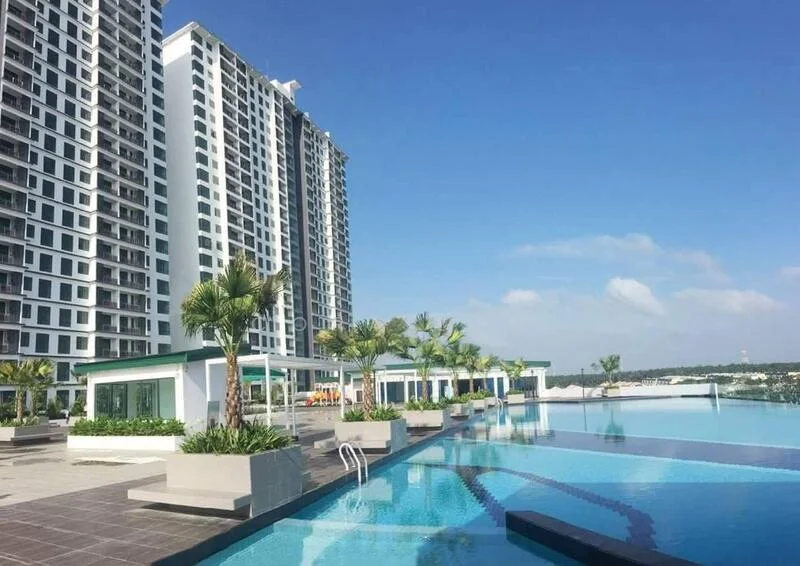 Exterior type: high-rise condominium; features: infinity pool, pool deck with loungers, landscaped garden with palm trees, manicured lawn, surrounding greenery, modern architectural design, multiple storeys, outdoor dining pavilion; style: modern.
