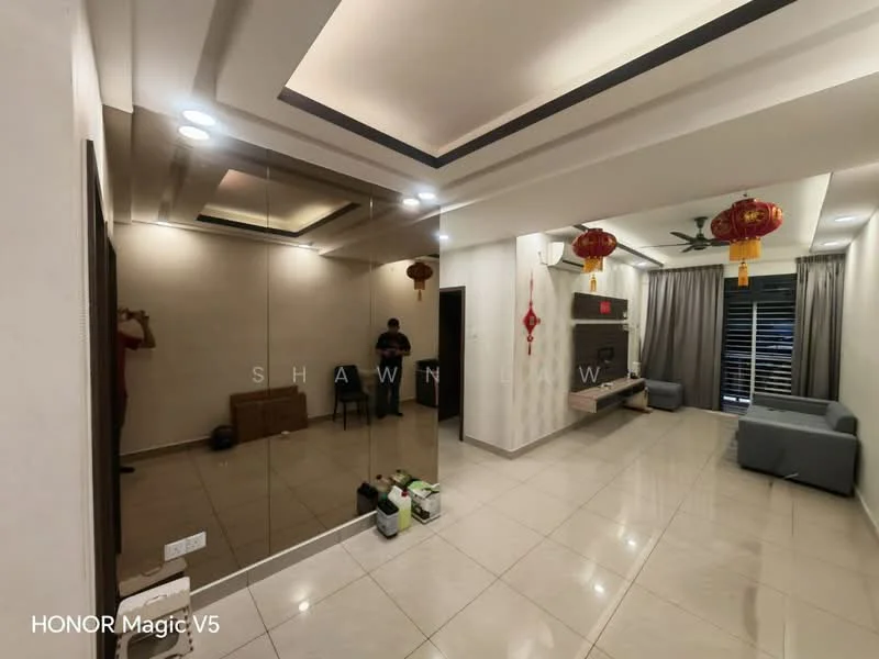 Living features: white painted walls, glossy tile flooring, tray ceiling with recessed lighting, ceiling fan, large mirror on one wall, grey fabric sofa, decorative wall lanterns, curtains, wooden TV console, decorative wall art, area rug; style: modern.