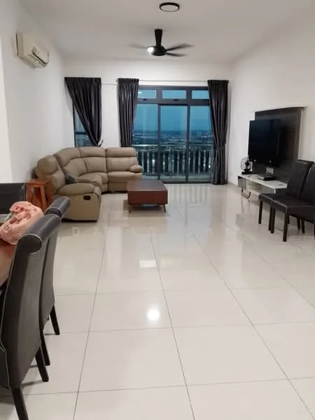 Living features: cream painted walls, white ceiling, glossy tile flooring, 5-blade ceiling fan with light, large floor-to-ceiling windows, grey curtains, beige leather sectional sofa, wood coffee table, wall-mounted TV, black TV console, dining table with black upholstered chairs; style: modern; view: city.