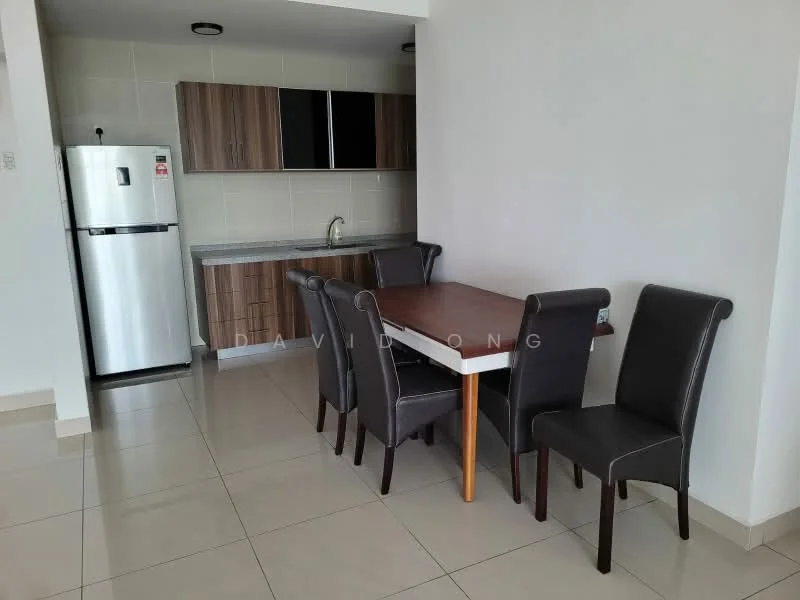Dining features: 6-seater dining table, dark wood table, upholstered dining chairs in black, white walls, tile flooring, kitchen cabinetry in dark wood, grey countertop, stainless-steel fridge, single-bowl stainless-steel sink, chrome pull-down faucet, built-in kitchen cabinets, recessed ceiling lights; style: modern.