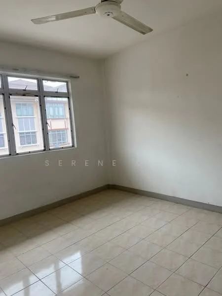 Room features: white painted walls, tile flooring, ceiling fan, floor-to-ceiling windows, natural light from windows.