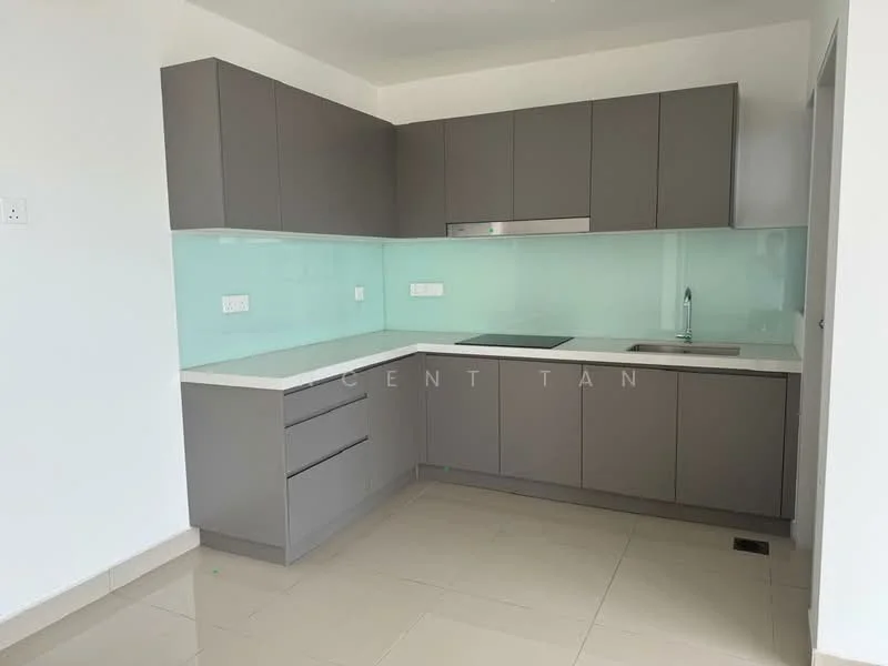 Kitchen features: grey flat-panel cabinets, white quartz countertop, glass backsplash in light blue, built-in cooktop, stainless-steel sink, chrome pull-down faucet, drawer storage, open shelving, tile flooring in cream, recessed downlights; style: modern.