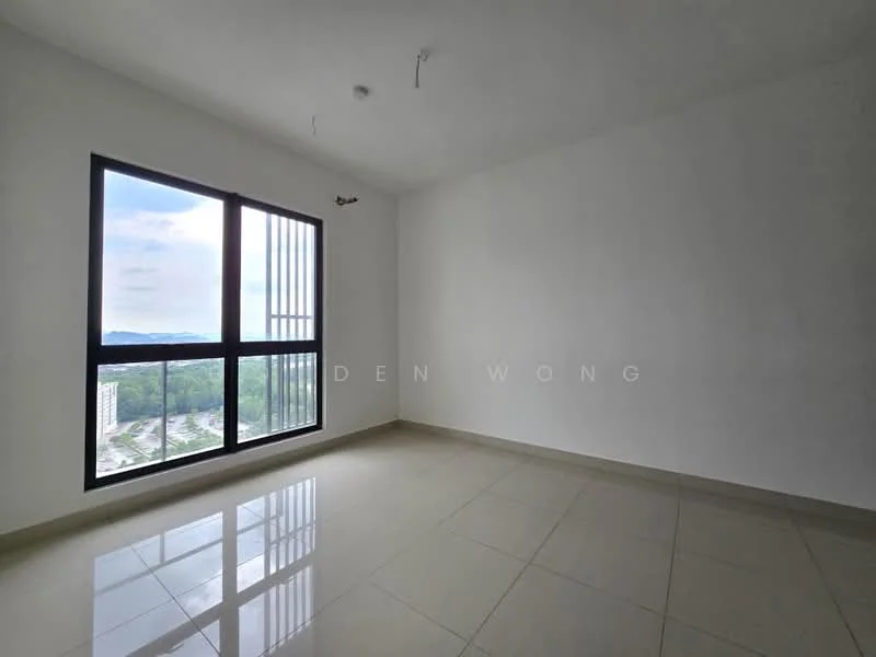 Room features: white painted walls, glossy ceramic tile flooring, floor-to-ceiling window, city view, two ceiling lights, no visible furniture; style: modern; view: city.