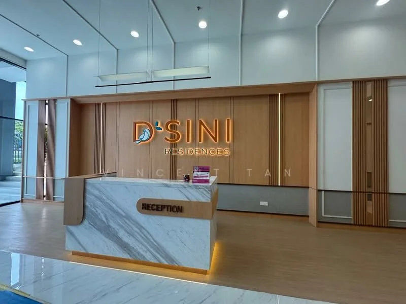 Room features: reception desk with marble front, wood paneling on wall, wooden flooring, backlit signage, modern lighting fixtures, neutral color scheme, open layout, large windows, decorative wall accents; style: modern.