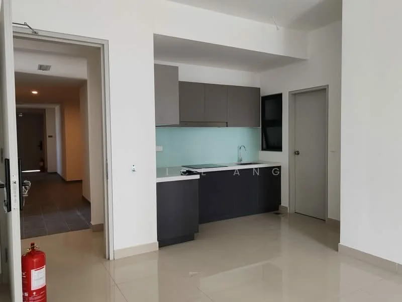 Kitchen features: grey cabinetry, white countertop, single-bowl stainless-steel sink, chrome pull-down faucet, ceramic tile flooring, white walls, recessed downlights, open layout, window above sink, fire extinguisher, door to hallway; style: modern. Room features: grey walls, tile flooring, doorway to hallway.